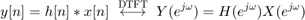 $$ y[n] = h[n] \ast x[n] \ \stackrel{\mathrm{DTFT}}{\longleftrightarrow}\
  Y(e^{j\omega}) = H(e^{j\omega})X(e^{j\omega}) $$